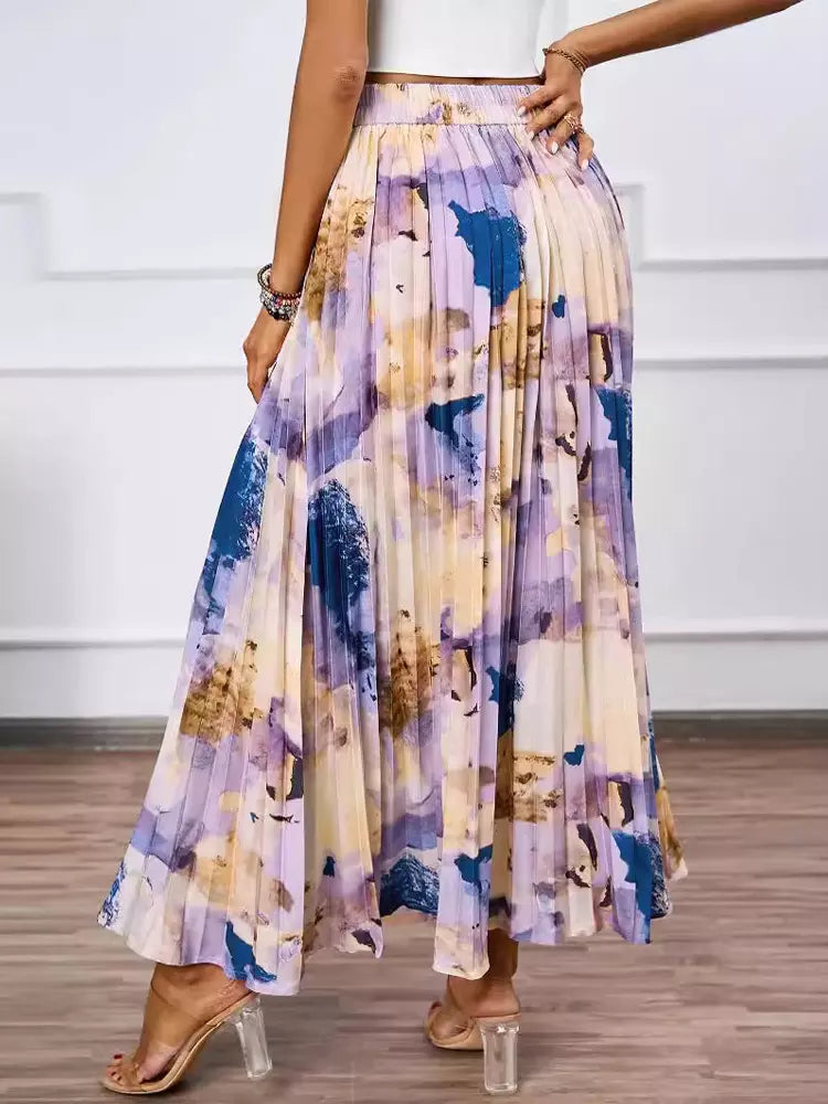 Casual Bohemian Pleated Artistic Floral Print Pleated Beach Style Maxi Skirt Mssza