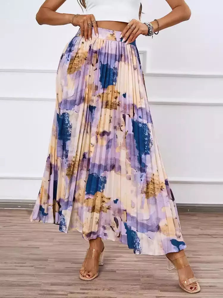 Casual Bohemian Pleated Artistic Floral Print Pleated Beach Style Maxi Skirt Mssza