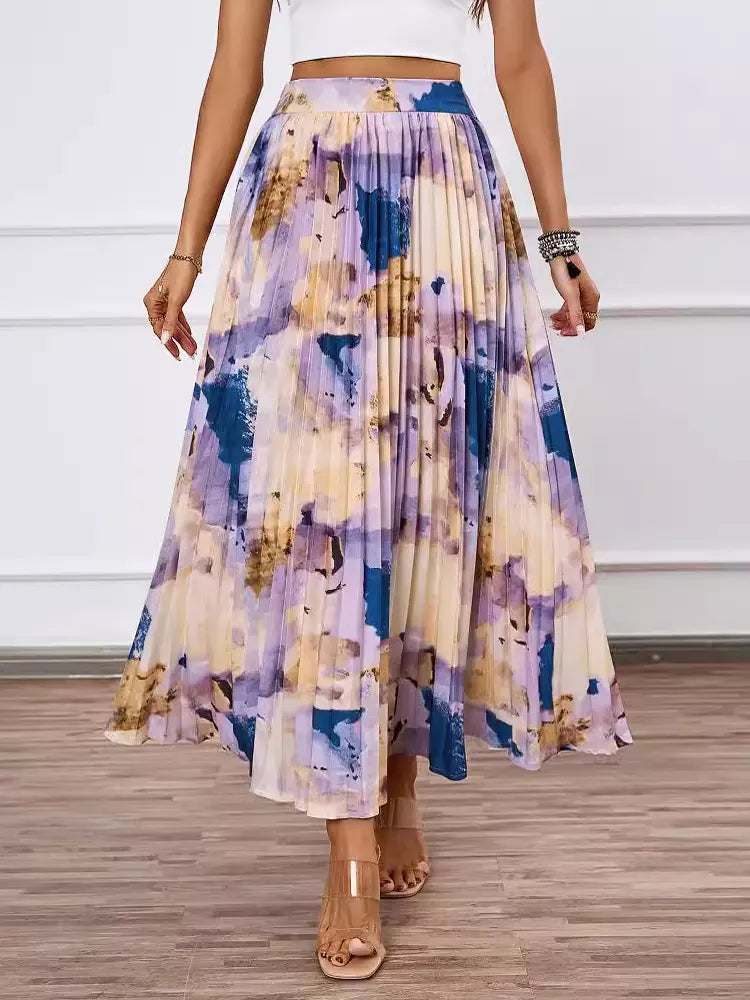 Casual Bohemian Pleated Artistic Floral Print Pleated Beach Style Maxi Skirt Mssza