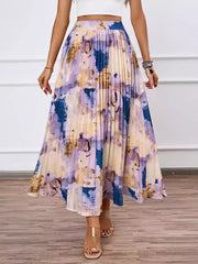 Casual Bohemian Pleated Artistic Floral Print Pleated Beach Style Maxi Skirt Mssza