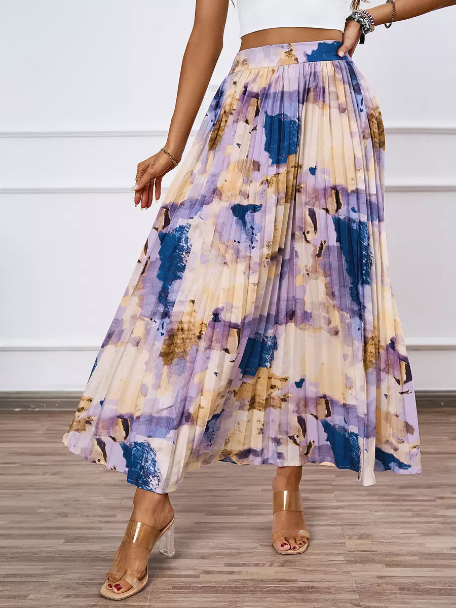 Casual Bohemian Pleated Artistic Floral Print Pleated Beach Style Maxi Skirt Mssza