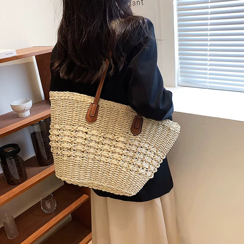 Casual Bohemian Shoulder Weave Cell Phone Pocket Tote Straw Handbags Mssza