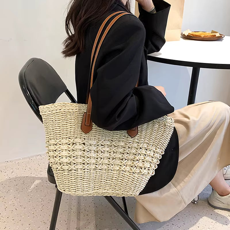 Casual Bohemian Shoulder Weave Cell Phone Pocket Tote Straw Handbags Mssza