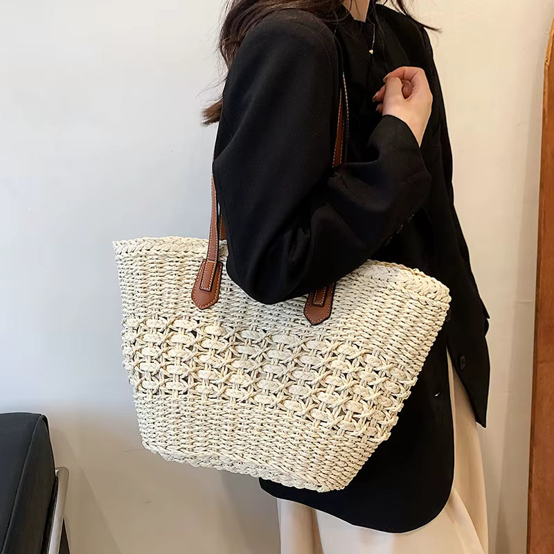 Casual Bohemian Shoulder Weave Cell Phone Pocket Tote Straw Handbags Mssza