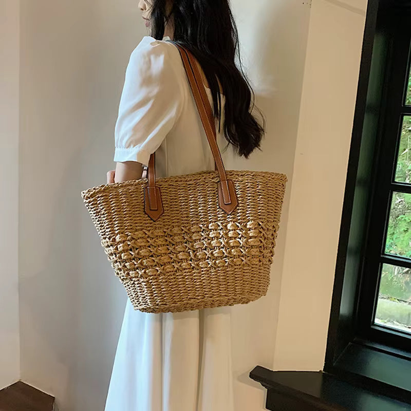 Casual Bohemian Shoulder Weave Cell Phone Pocket Tote Straw Handbags Mssza