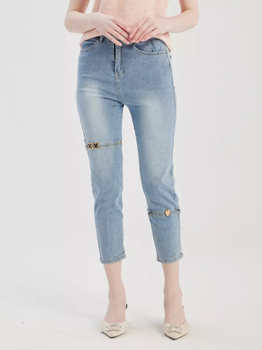 Casual Bottom Denim Buttons Solid Color Cropped Jeans Mssza