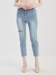 Casual Bottom Denim Buttons Solid Color Cropped Jeans Mssza