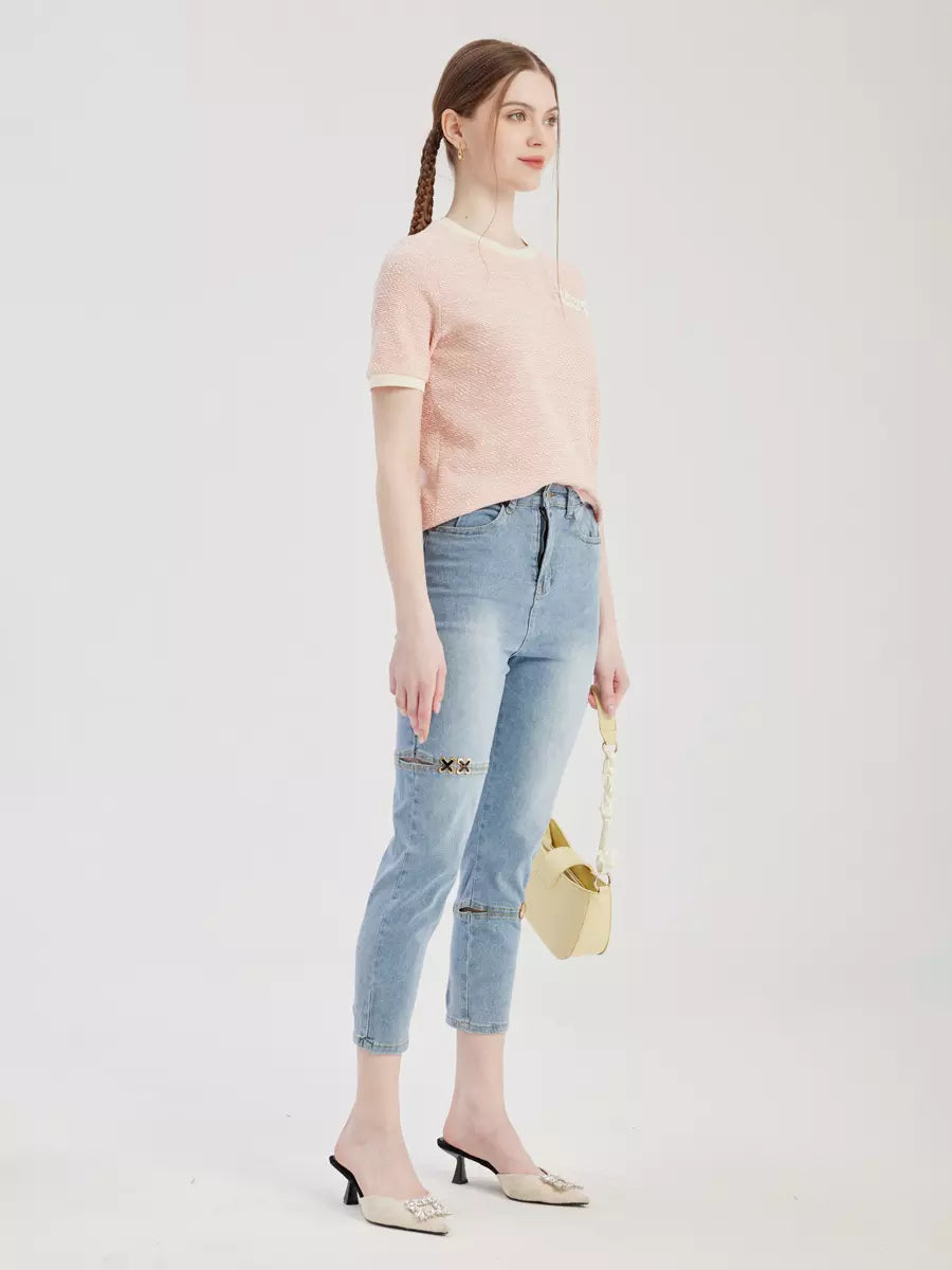 Casual Bottom Denim Buttons Solid Color Cropped Jeans Mssza