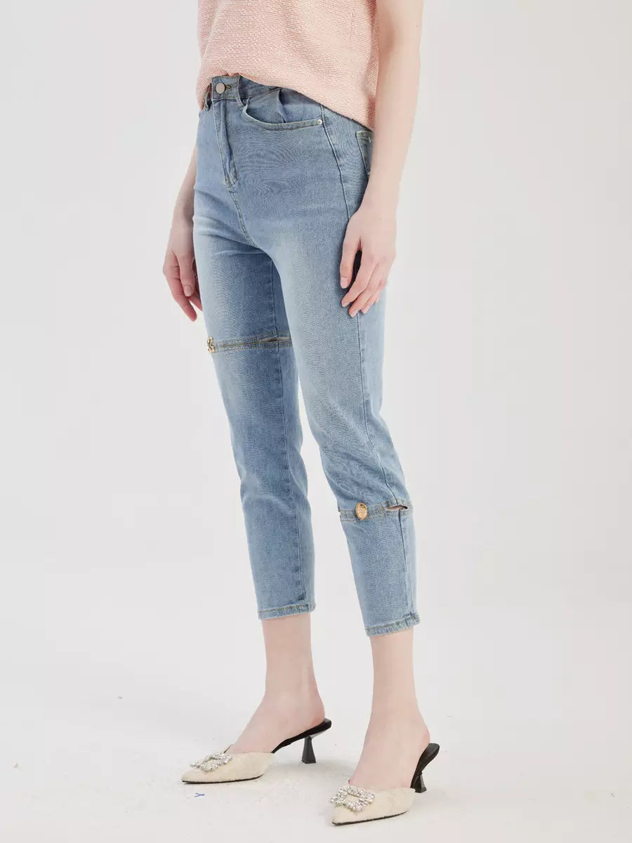 Casual Bottom Denim Buttons Solid Color Cropped Jeans Mssza