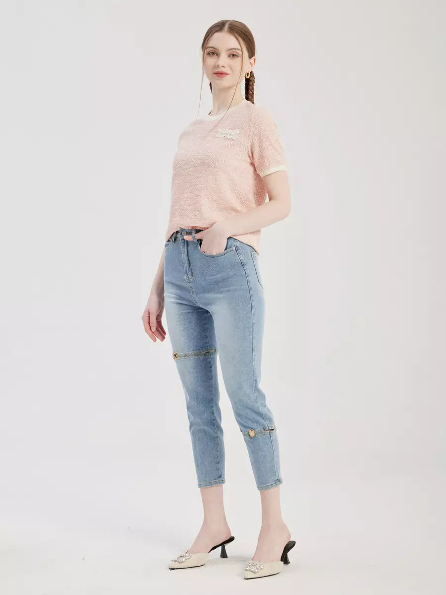 Casual Bottom Denim Buttons Solid Color Cropped Jeans Mssza