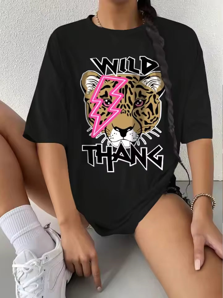 Casual Breathable Wild Leopard Printing Oversize T-shirt Mssza