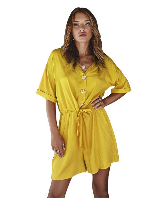 Casual Button Cotton Beach Short Pans Jumpsuit Mssza