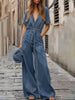Casual Button Down Long Pants Rompers with Pockets Short Sleeve Denim Jumpsuit Mssza