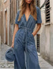 Casual Button Down Long Pants Rompers with Pockets Short Sleeve Denim Jumpsuit Mssza