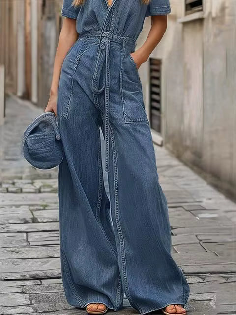 Casual Button Down Long Pants Rompers with Pockets Short Sleeve Denim Jumpsuit Mssza