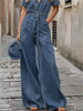 Casual Button Down Long Pants Rompers with Pockets Short Sleeve Denim Jumpsuit Mssza