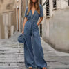 Casual Button Down Long Pants Rompers with Pockets Short Sleeve Denim Jumpsuit Mssza