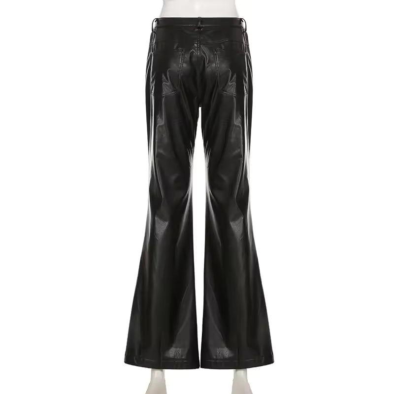 Casual Button Fly High Waist Stretch Slim PU Leather Boot Cut Flare Pants Mssza