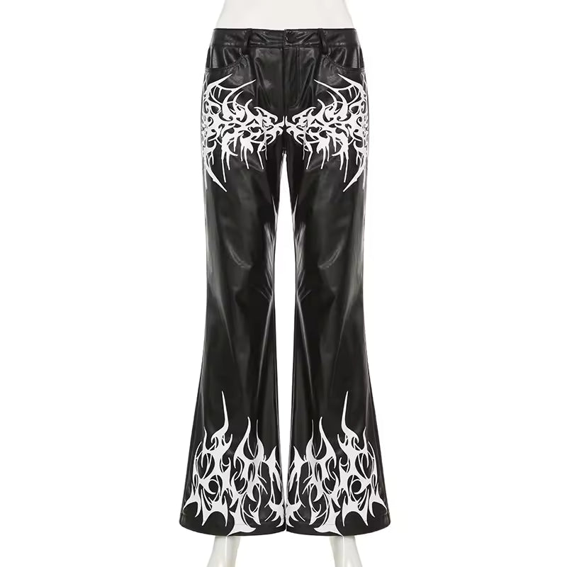 Casual Button Fly High Waist Stretch Slim PU Leather Boot Cut Flare Pants Mssza