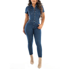 Casual Button Half-open Lapel Short Sleeve Full Length Jumpsuit Mssza