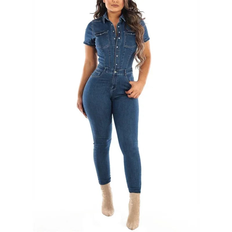 Casual Button Half-open Lapel Short Sleeve Full Length Jumpsuit Mssza