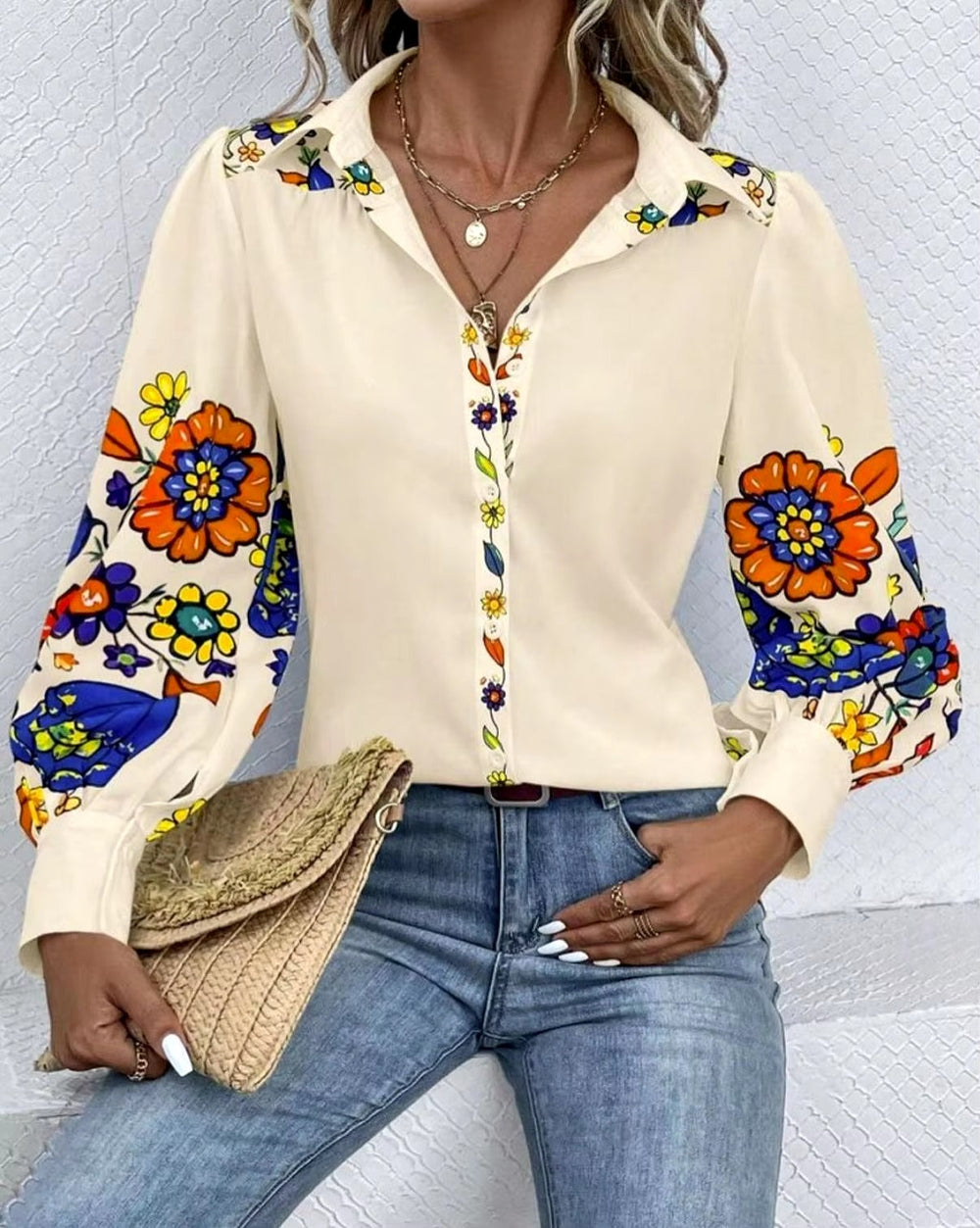 Casual Button Printed Lantern Long Sleeve Loose Shirt Mssza