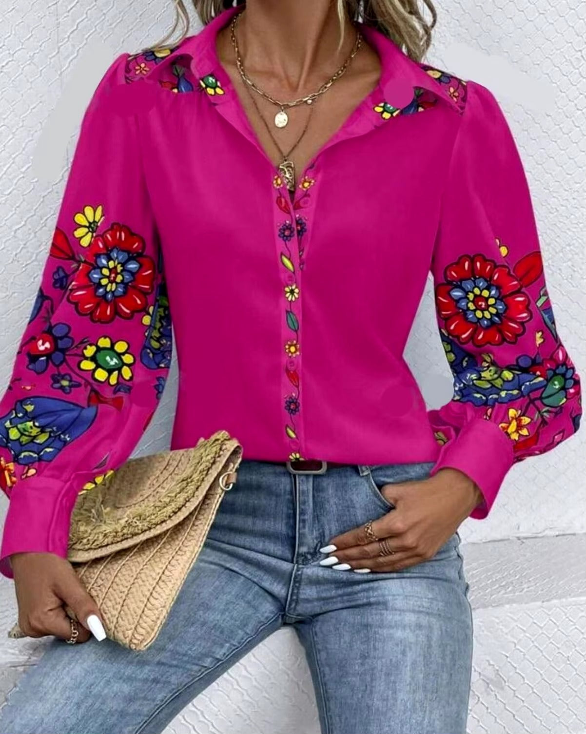 Casual Button Printed Lantern Long Sleeve Loose Shirt Mssza