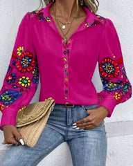Casual Button Printed Lantern Long Sleeve Loose Shirt Mssza