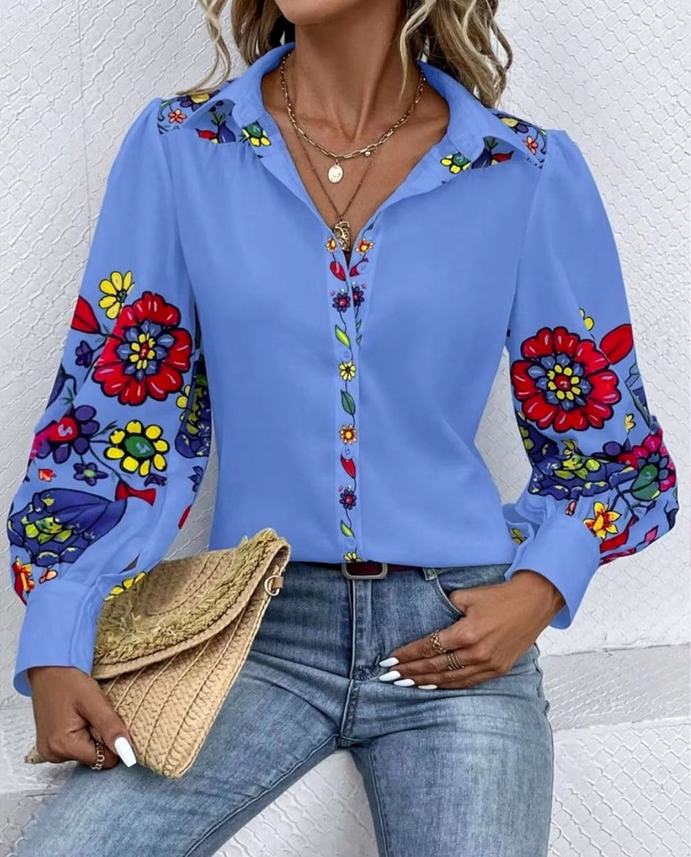 Casual Button Printed Lantern Long Sleeve Loose Shirt Mssza