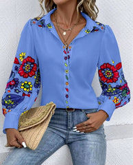 Casual Button Printed Lantern Long Sleeve Loose Shirt Mssza