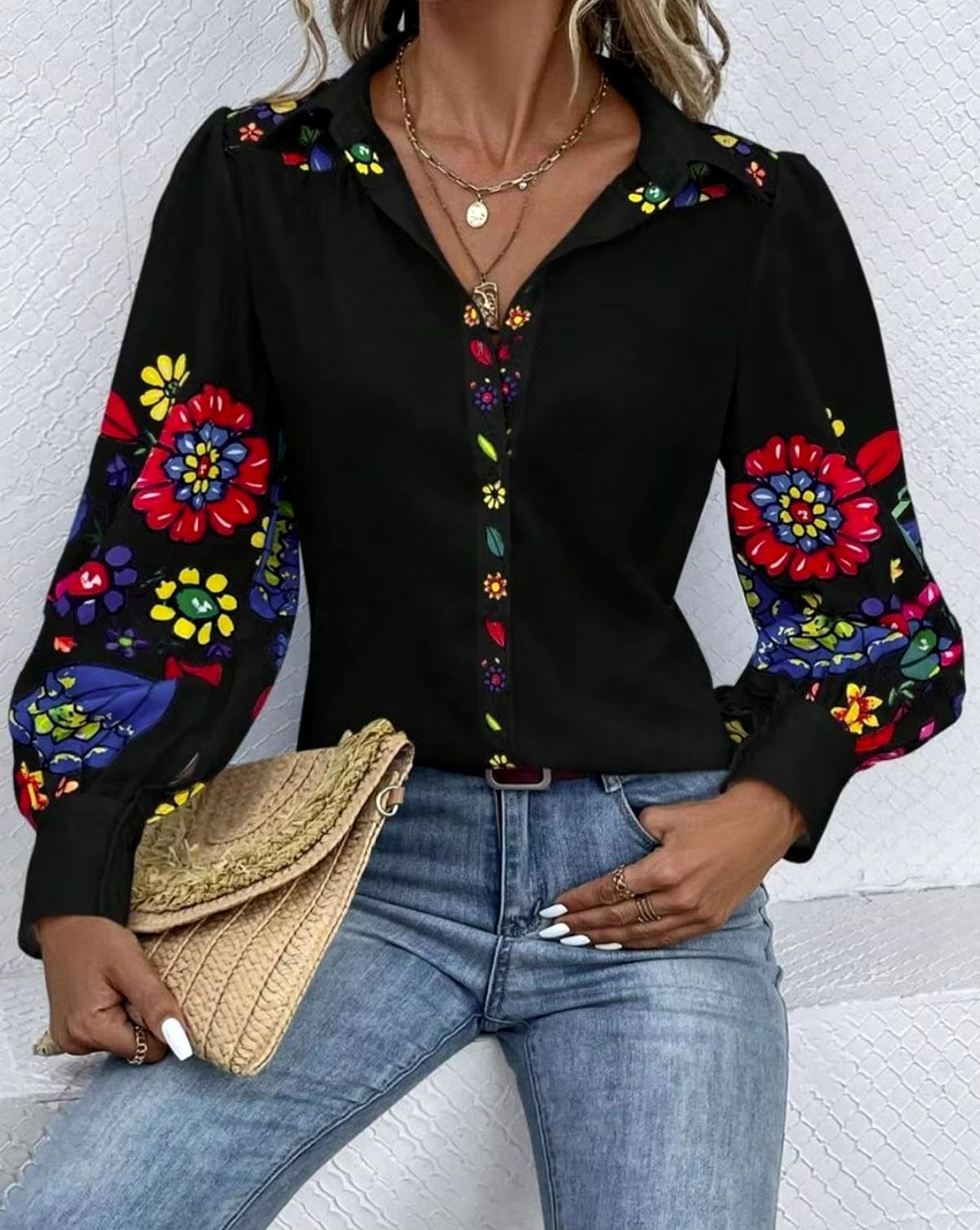 Casual Button Printed Lantern Long Sleeve Loose Shirt Mssza