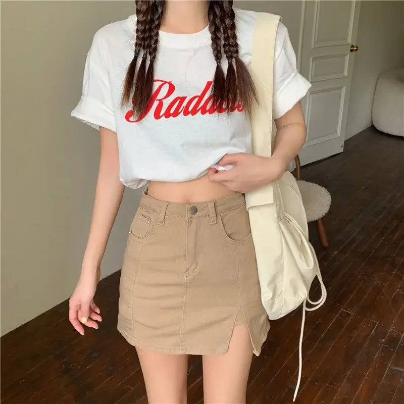 Casual Button With Slit Zipper High Waist Denim Mini Skirt Mssza