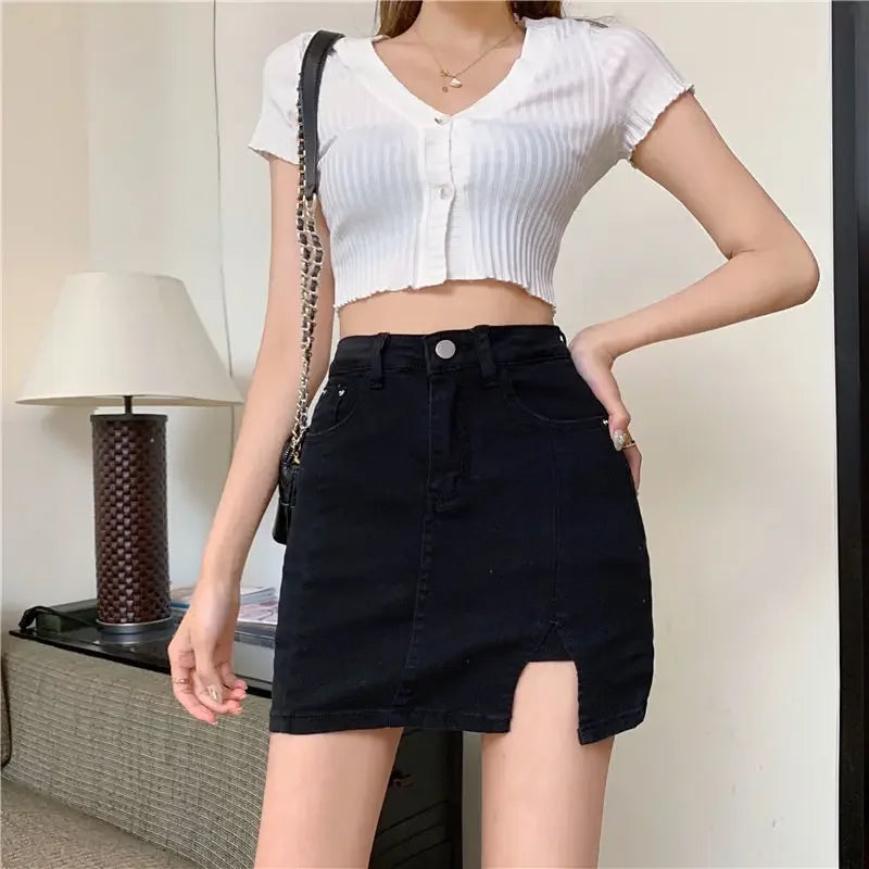 Casual Button With Slit Zipper High Waist Denim Mini Skirt Mssza