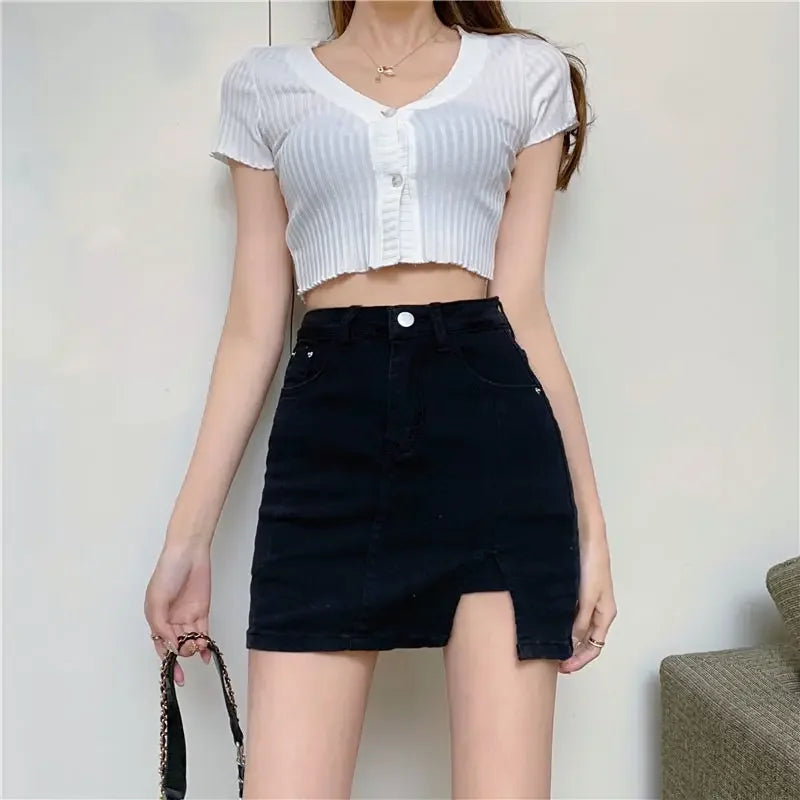 Casual Button With Slit Zipper High Waist Denim Mini Skirt Mssza