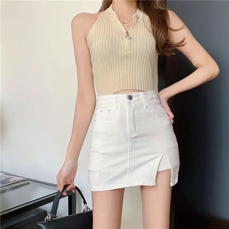 Casual Button With Slit Zipper High Waist Denim Mini Skirt Mssza