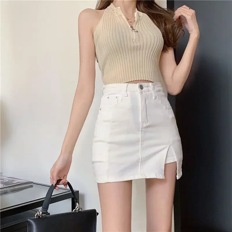 Casual Button With Slit Zipper High Waist Denim Mini Skirt Mssza