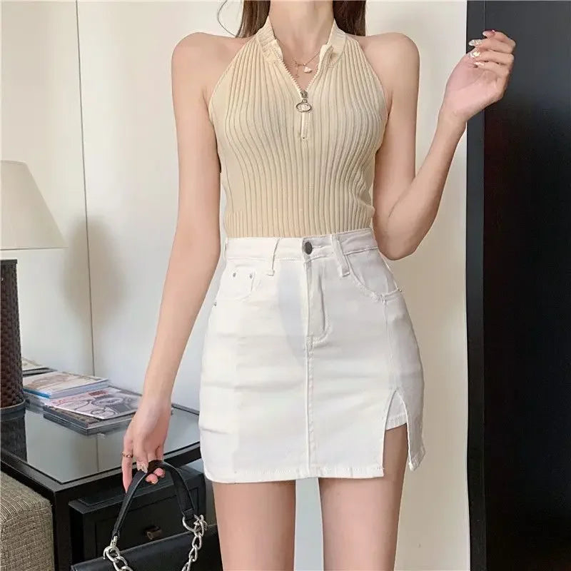 Casual Button With Slit Zipper High Waist Denim Mini Skirt Mssza