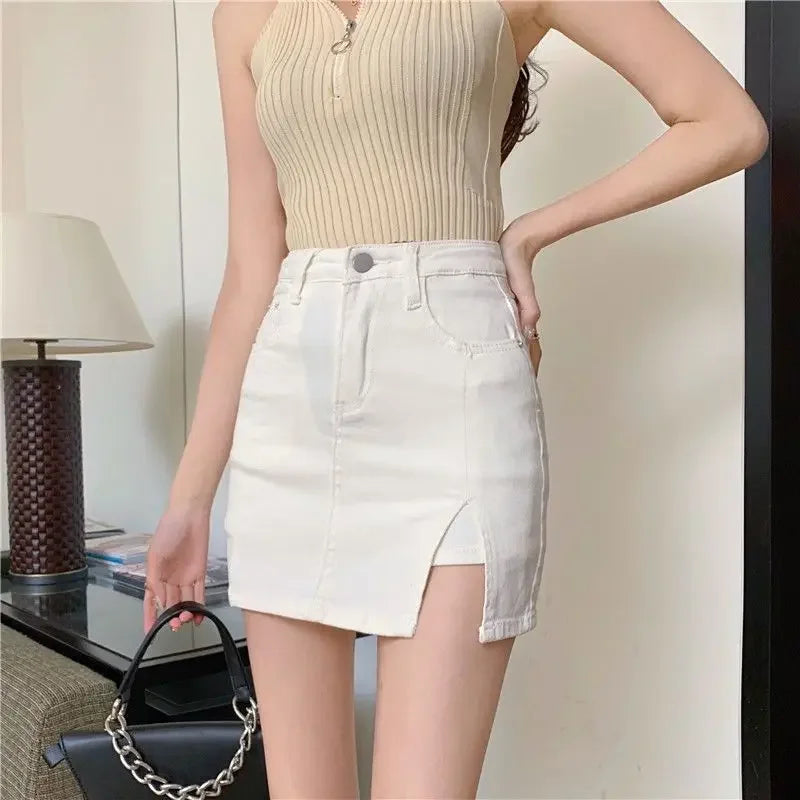 Casual Button With Slit Zipper High Waist Denim Mini Skirt Mssza