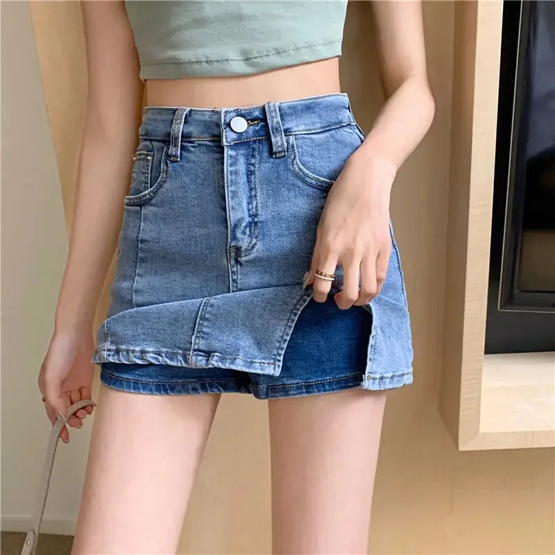 Casual Button With Slit Zipper High Waist Denim Mini Skirt Mssza
