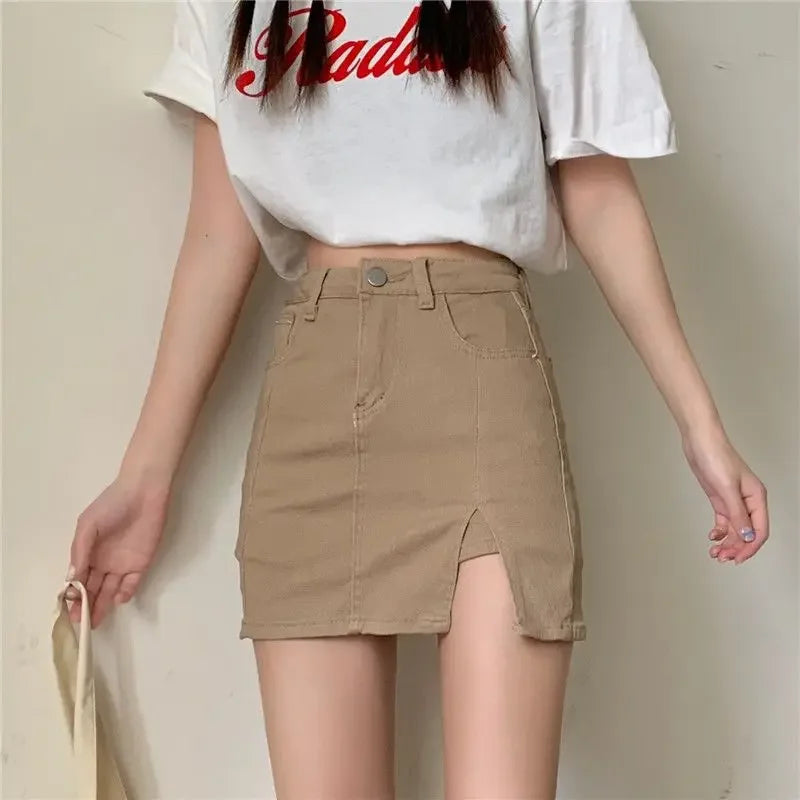 Casual Button With Slit Zipper High Waist Denim Mini Skirt Mssza