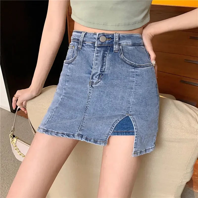 Casual Button With Slit Zipper High Waist Denim Mini Skirt Mssza