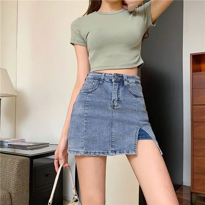 Casual Button With Slit Zipper High Waist Denim Mini Skirt Mssza