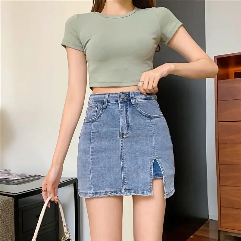 Casual Button With Slit Zipper High Waist Denim Mini Skirt Mssza