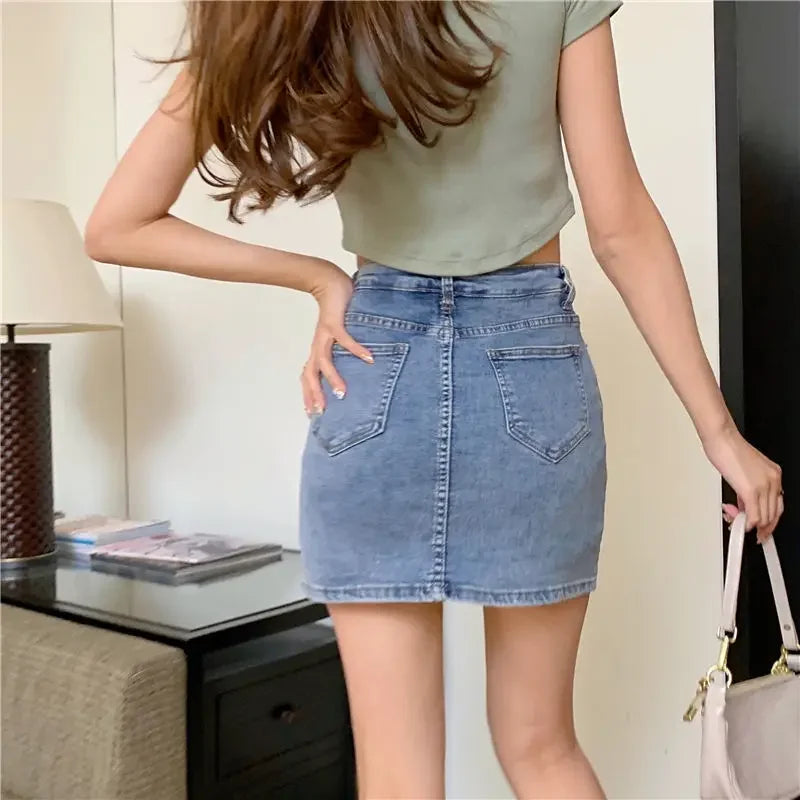 Casual Button With Slit Zipper High Waist Denim Mini Skirt Mssza