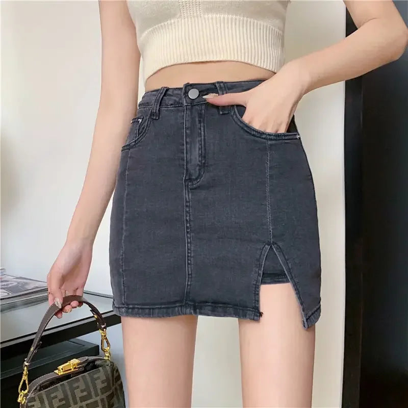 Casual Button With Slit Zipper High Waist Denim Mini Skirt Mssza