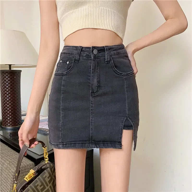 Casual Button With Slit Zipper High Waist Denim Mini Skirt Mssza
