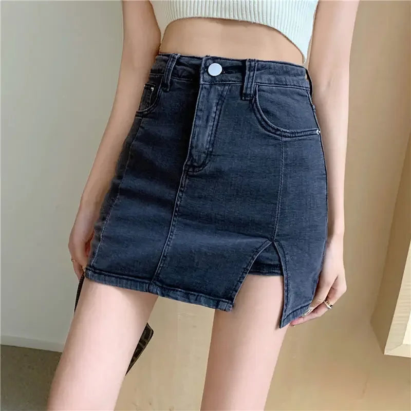 Casual Button With Slit Zipper High Waist Denim Mini Skirt Mssza