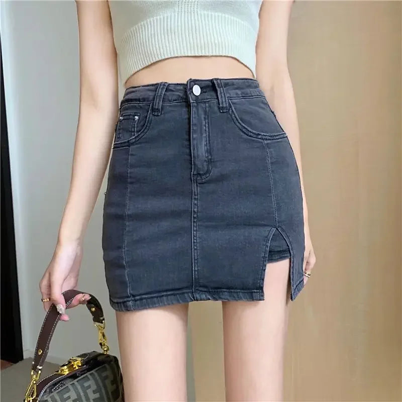 Casual Button With Slit Zipper High Waist Denim Mini Skirt Mssza