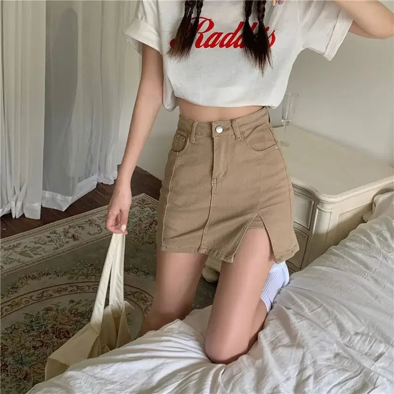 Casual Button With Slit Zipper High Waist Denim Mini Skirt Mssza