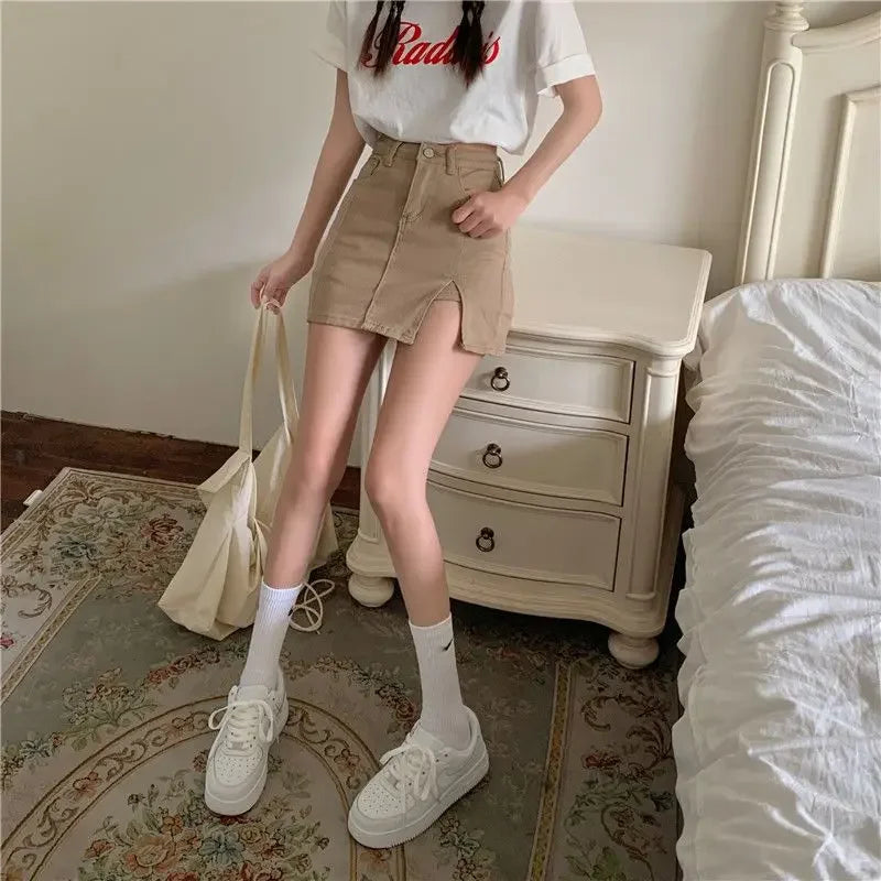 Casual Button With Slit Zipper High Waist Denim Mini Skirt Mssza